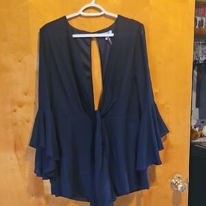 She + Sky Navy Romper with Flared  Bell Sleeves